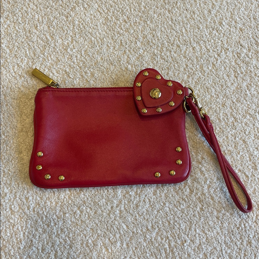 Tory Burch Red Leather Wristlet with Heart Charm